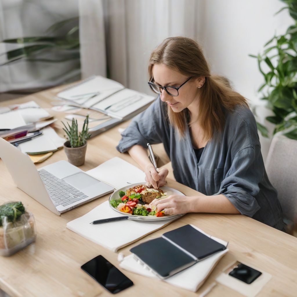 Woman Writing in Notebook and Looking at Laptop