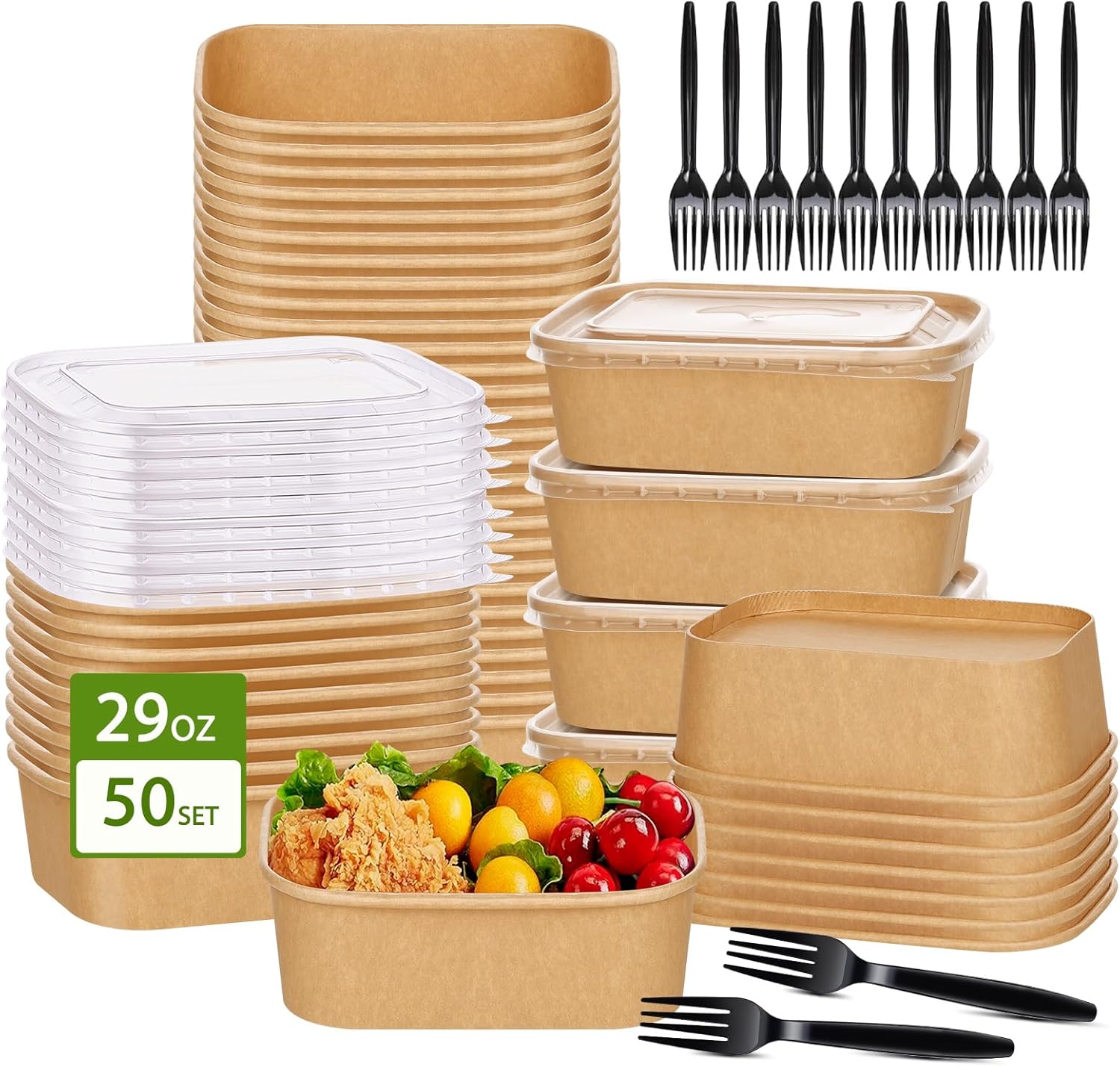 50-Pack 29oz Disposable Kraft Paper Bowls【with Lids and Forks】, Meal Prep Containers Disposable Large Paper Bowls, Leakproof Food Containers Treat Soup Serving Bowl, Microwave Safe for Hot/Cold Food