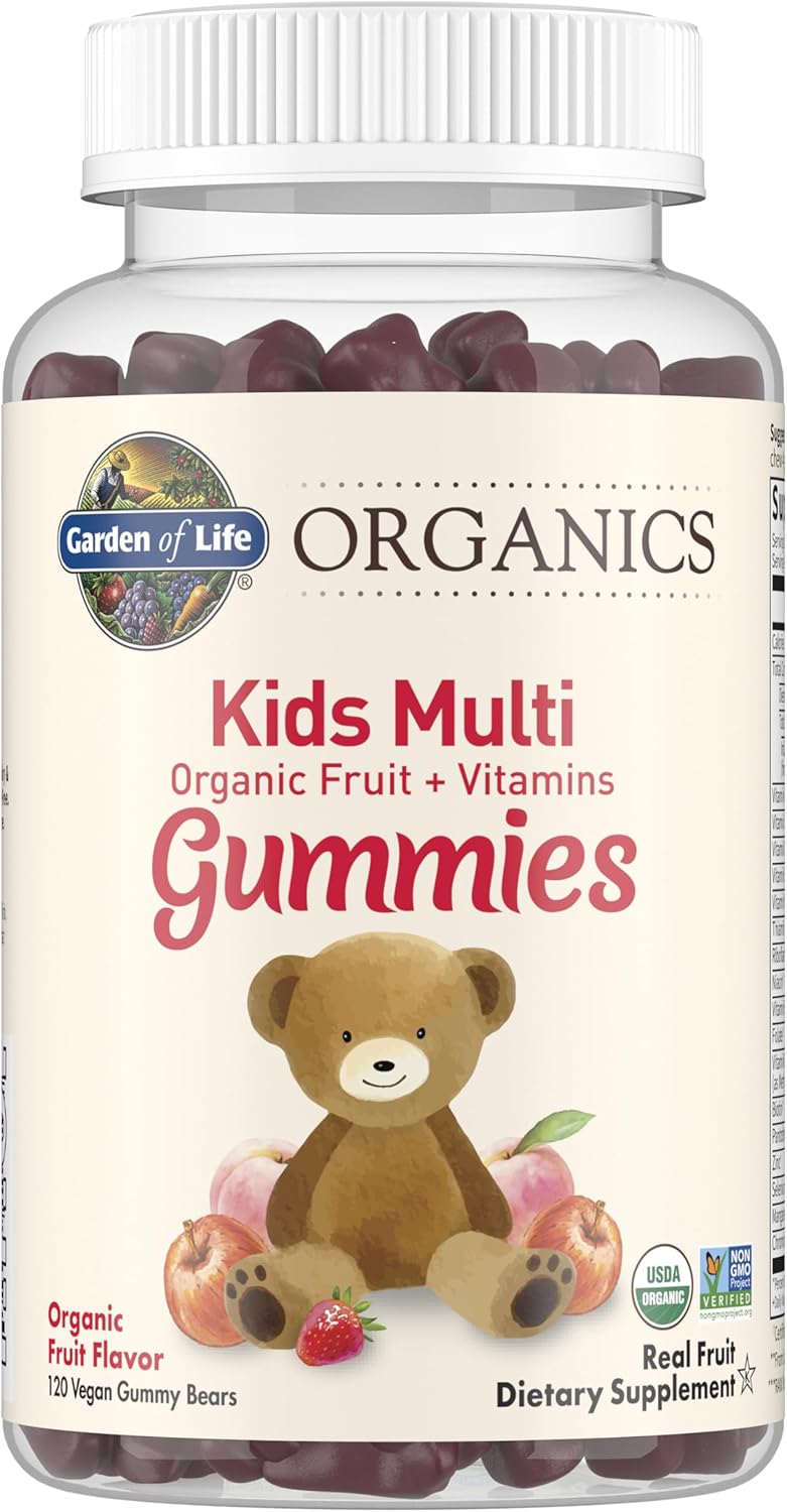 Garden of Life Organics Kids Gummy Vitamins - Fruit - Certified Organic, Non-GMO & Vegan Complete Children\'s Multi - B12, C & D3 - Gluten, Soy & Dairy Free, 120 Real Fruit Chew Gummies