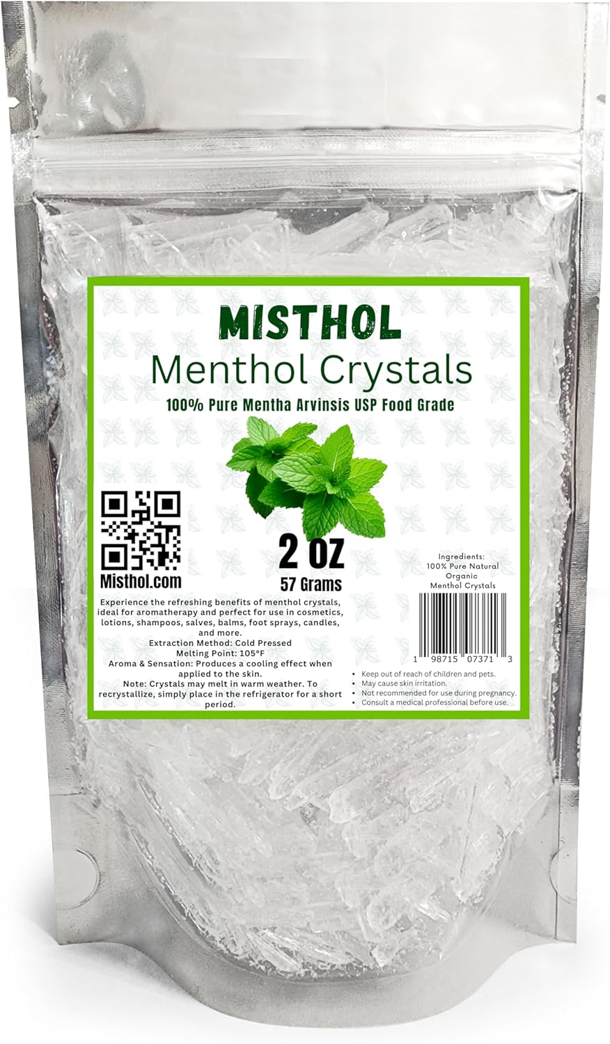 Menthol Crystals 2oz 100% Natural USP Food Grade - Pure Organic Mint Crystal - Mentha Arvensis for Aromatherapy DIY Projects, Cosmetics, Salves, Balm & Creams Comes in Resalable Standup Bag