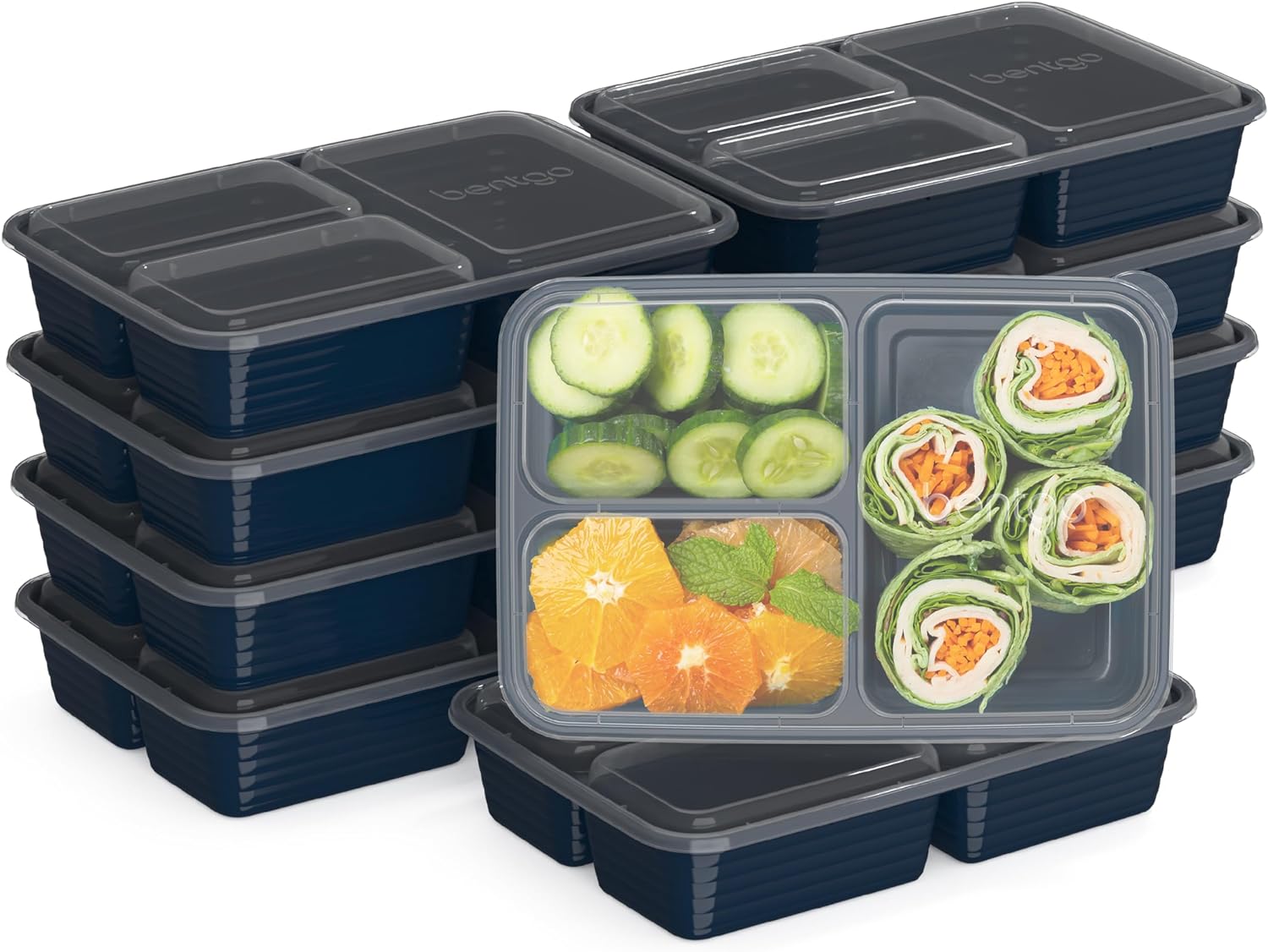 Bentgo 20-Piece Lightweight, Durable, Reusable BPA-Free 3-Compartment Containers - Microwave, Freezer, Dishwasher Safe - Navy Blue